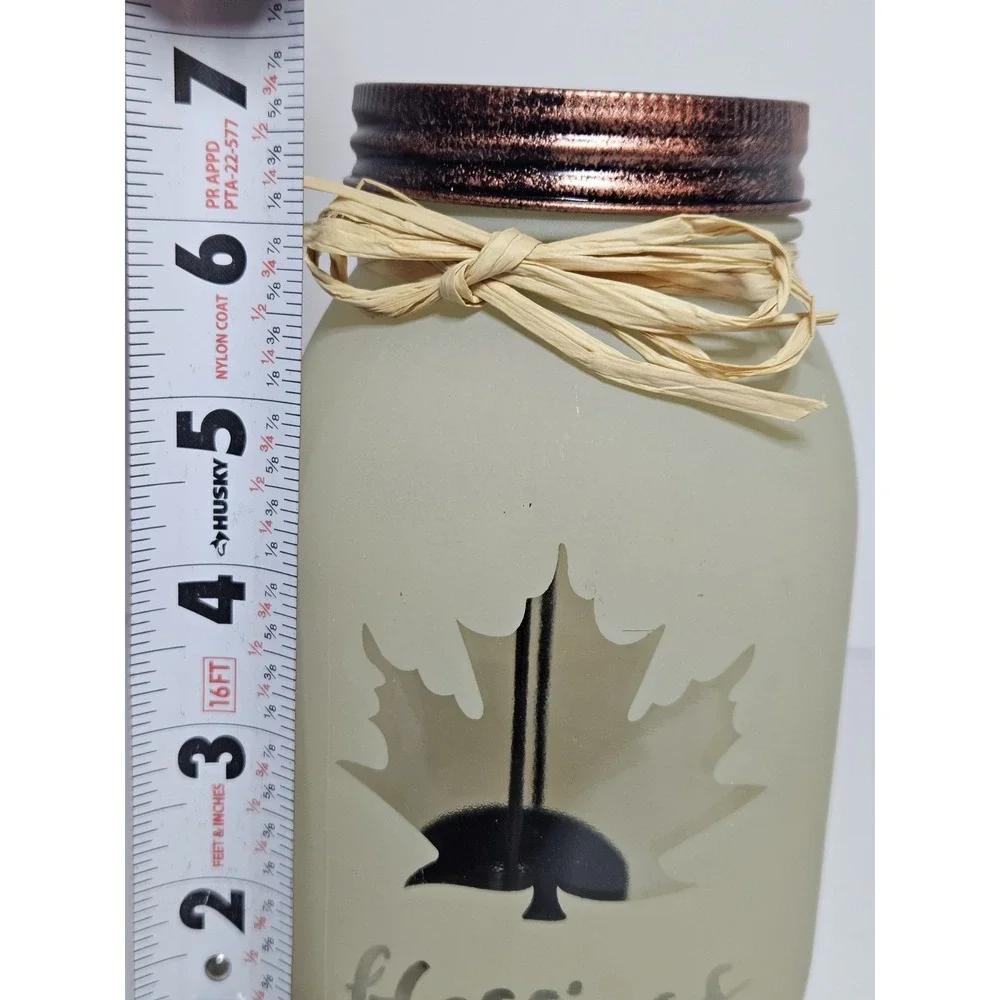 Frosted Mason Jar Candle Holder Fall Blessings Maple Leaf Tea Light Decor Raffia